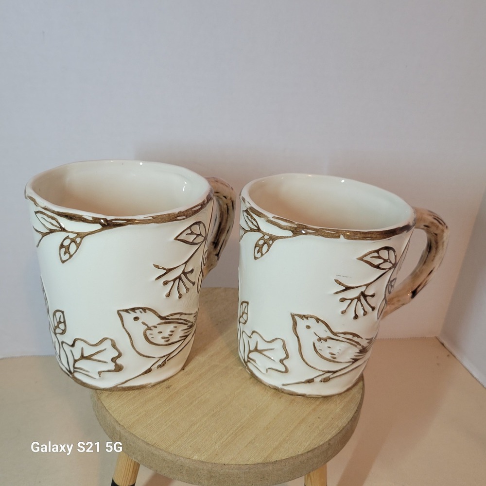 Certified International Susan Winget Bird Leaf Embossed Ceramic Mugs Set of 2